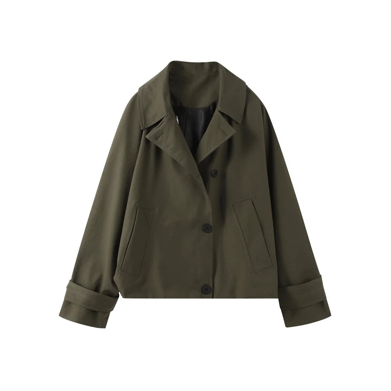 Women's Casual Hooded Short Trench Coat Lapel Single-Breasted Full Sleeve Loose Jacket Autumn 2025 Street All-match Outerwear