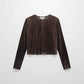 Velour Button Down Crew Cardigan-Brown-0