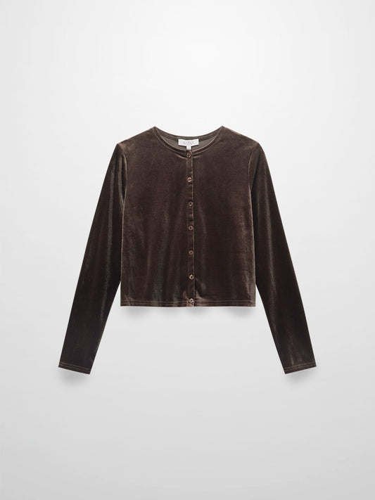 Velour Button Down Crew Cardigan-Brown-0