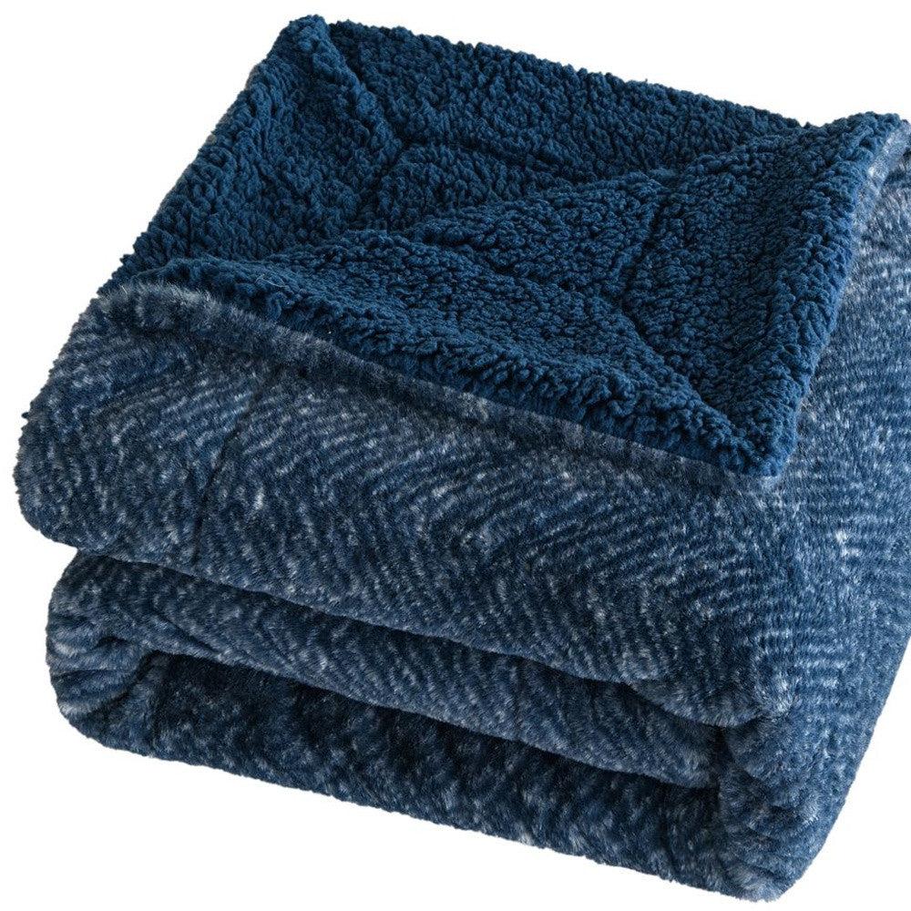 50" X 60" Oxford Blue Faux Fur Herringbone Plush Throw Blanket-0