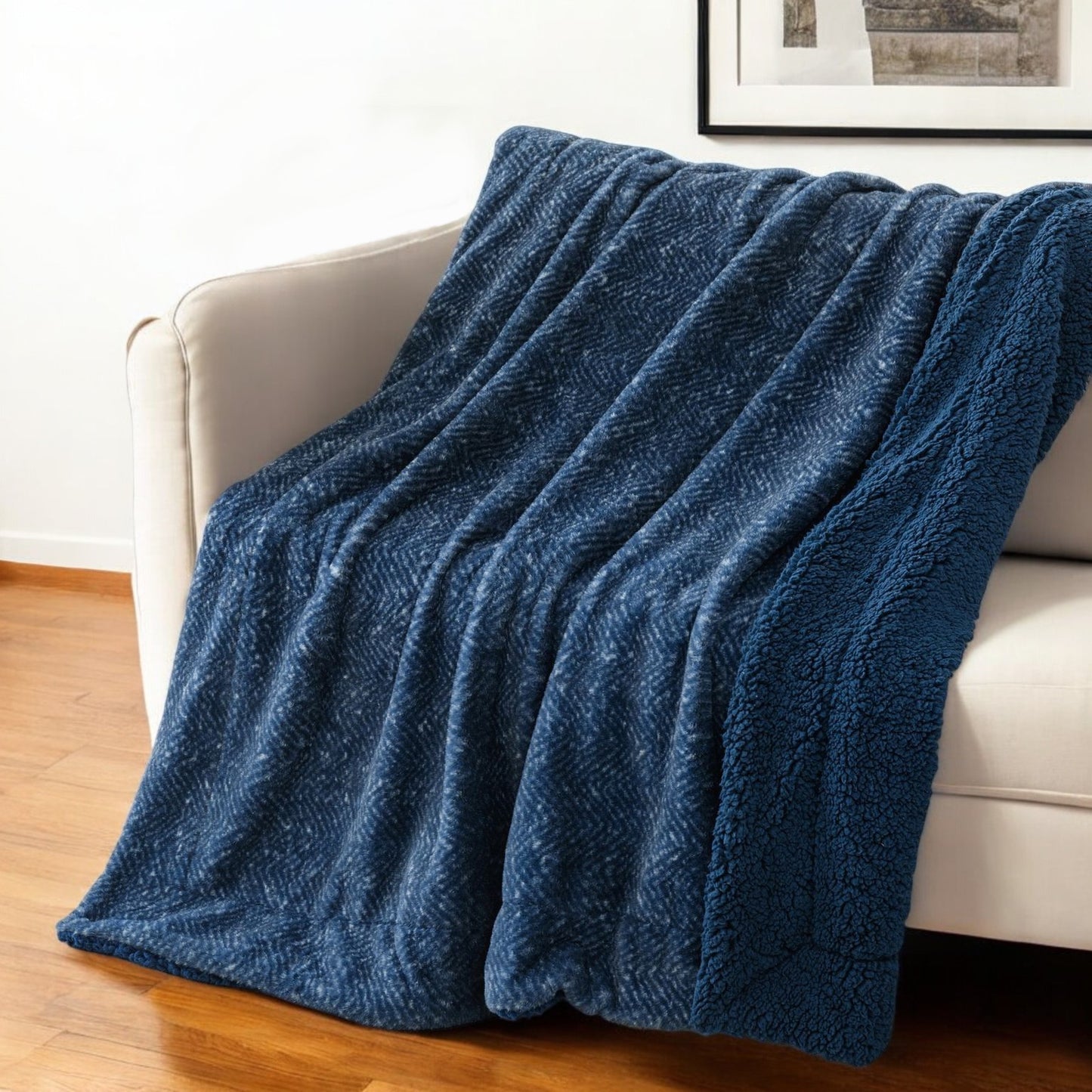 50" X 60" Oxford Blue Faux Fur Herringbone Plush Throw Blanket-1