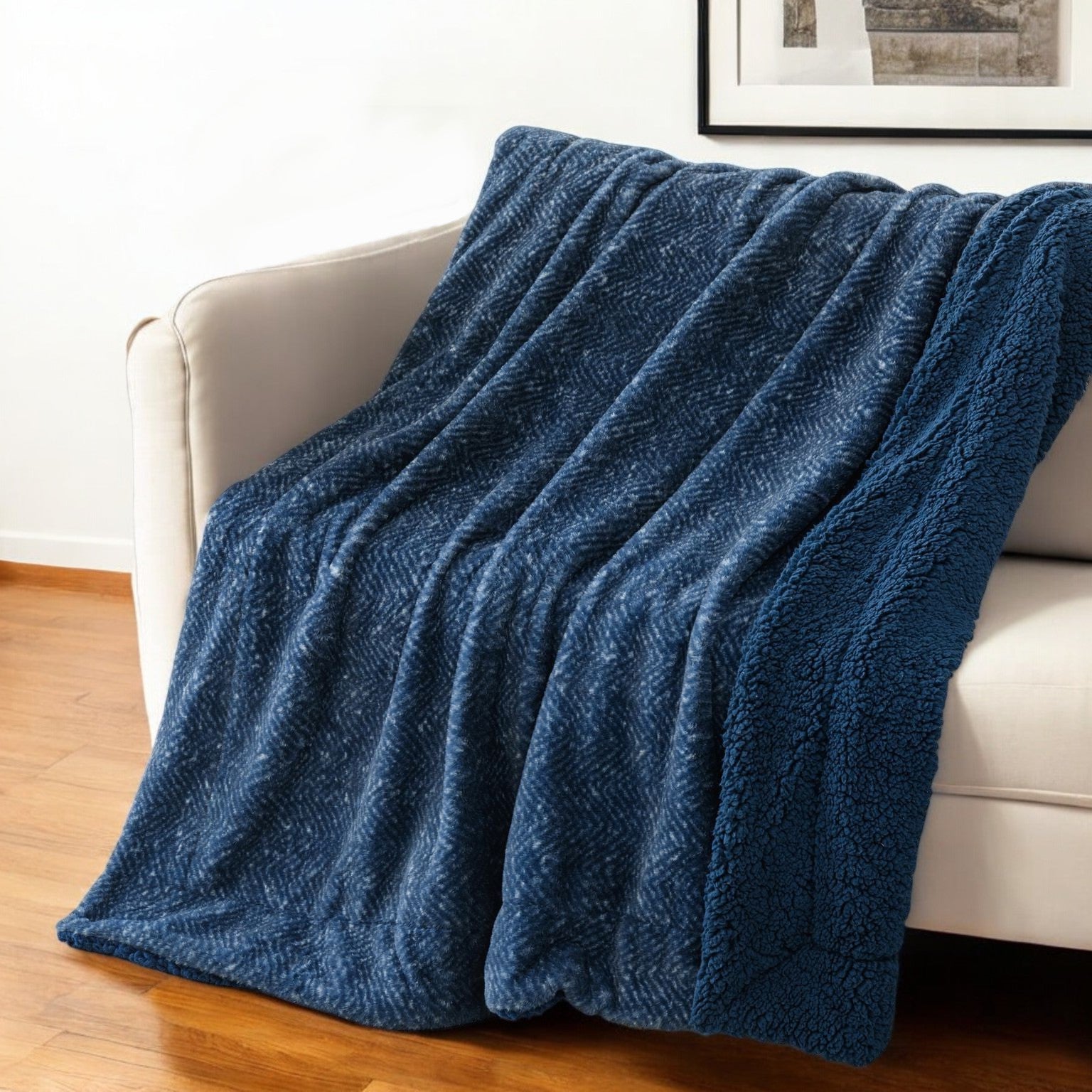 50" X 60" Oxford Blue Faux Fur Herringbone Plush Throw Blanket-1