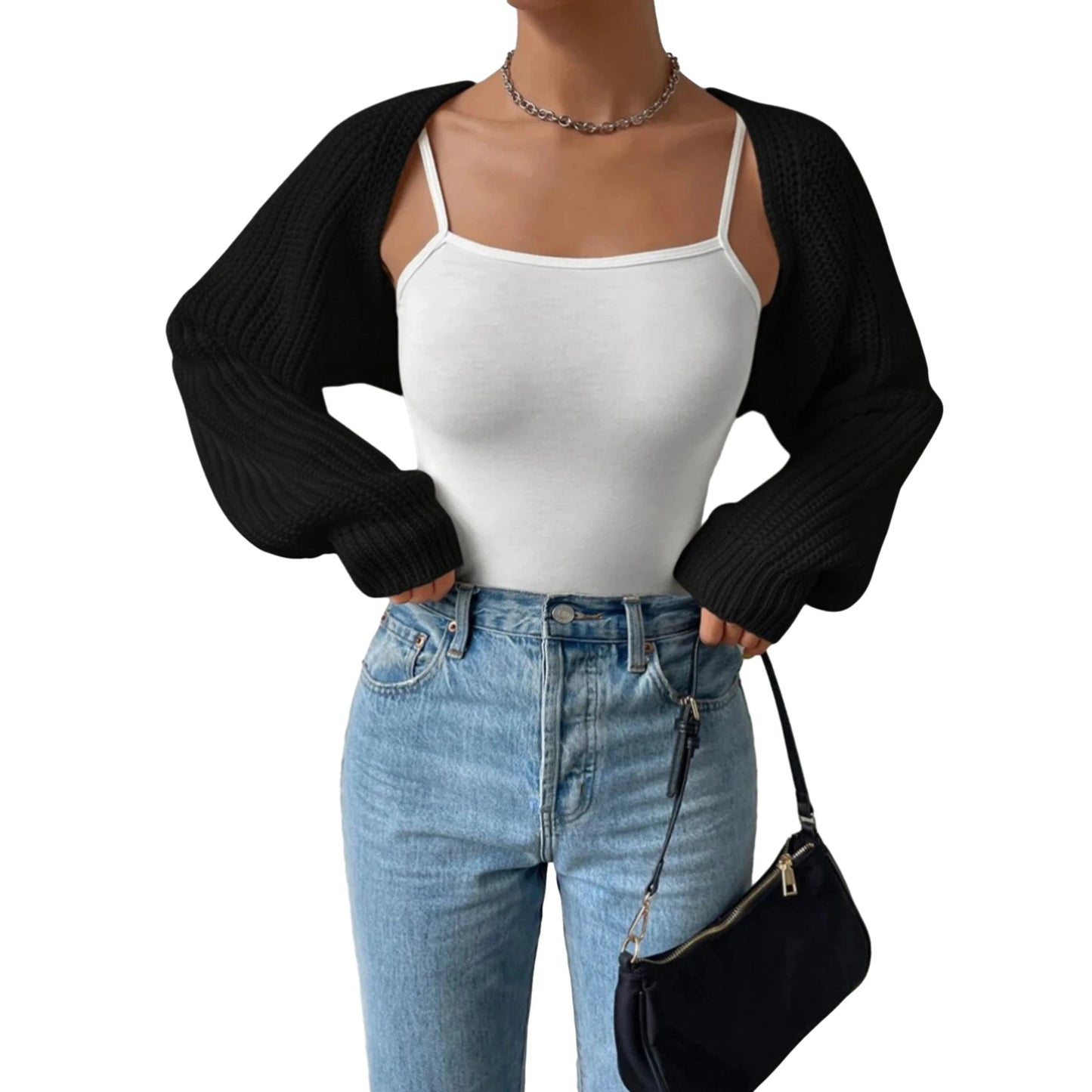 Women s Open Front Cropped Cardigan Long Sleeve Solid Color Ribbed Knit Shrug Sweater Bolero Tops