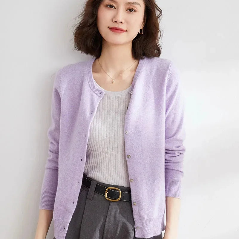 Sweater Knitted Cardigan Button Jacket 2024 Autumn Winter O-neck Long Sleeve Casual Short Tops for Women Sweater Grey White