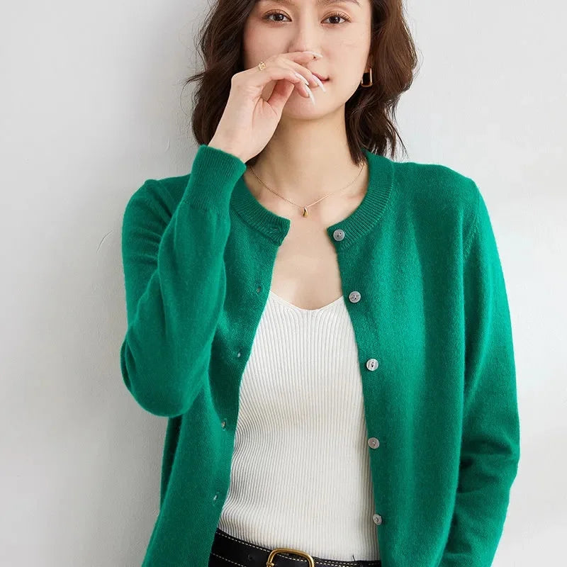 Sweater Knitted Cardigan Button Jacket 2024 Autumn Winter O-neck Long Sleeve Casual Short Tops for Women Sweater Grey White