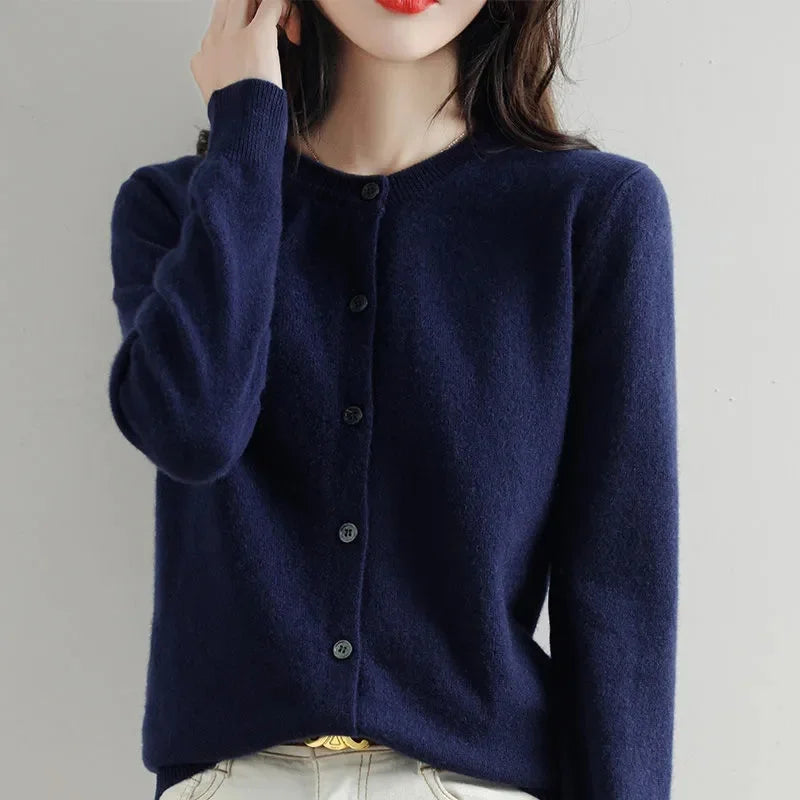 Sweater Knitted Cardigan Button Jacket 2024 Autumn Winter O-neck Long Sleeve Casual Short Tops for Women Sweater Grey White