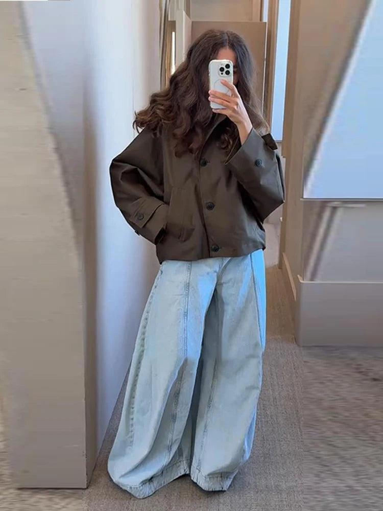 Women's Casual Hooded Short Trench Coat Lapel Single-Breasted Full Sleeve Loose Jacket Autumn 2025 Street All-match Outerwear