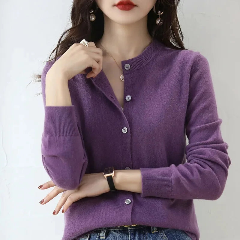 Sweater Knitted Cardigan Button Jacket 2024 Autumn Winter O-neck Long Sleeve Casual Short Tops for Women Sweater Grey White
