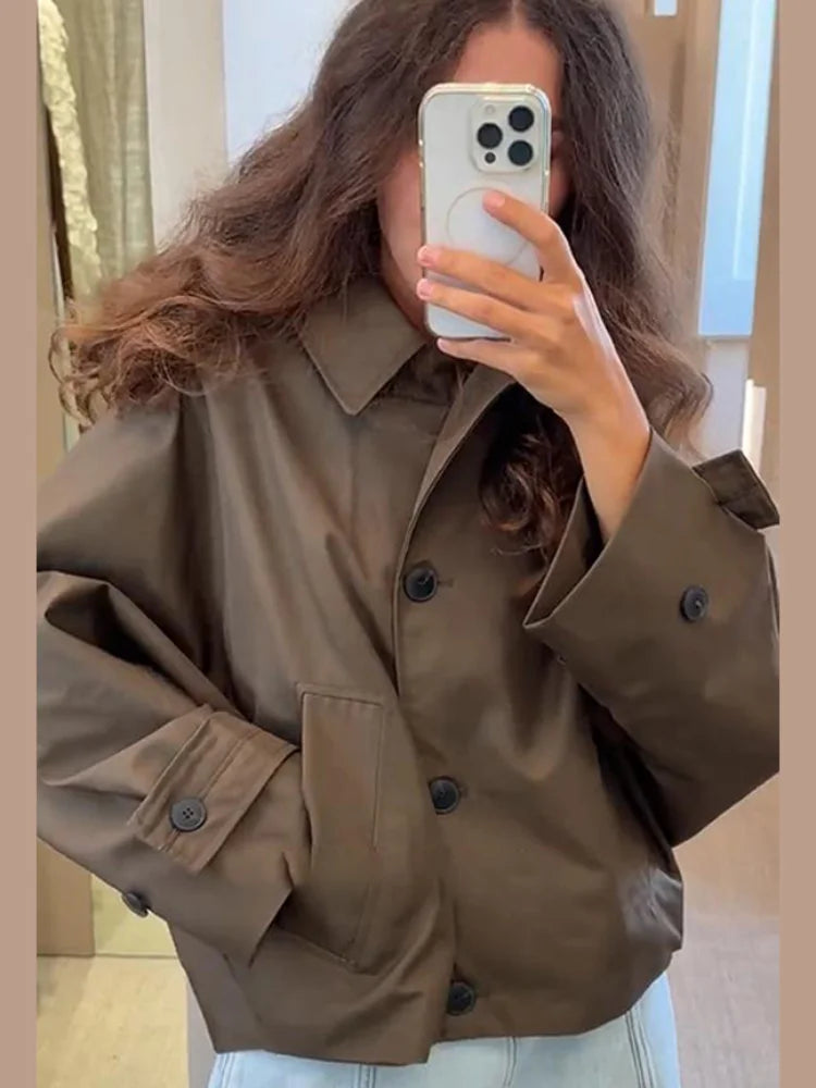 Women's Casual Hooded Short Trench Coat Lapel Single-Breasted Full Sleeve Loose Jacket Autumn 2025 Street All-match Outerwear