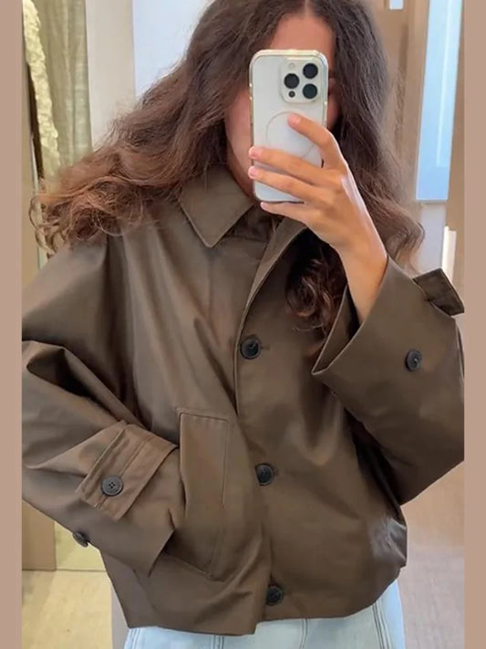 Women's Casual Hooded Short Trench Coat Lapel Single-Breasted Full Sleeve Loose Jacket Autumn 2025 Street All-match Outerwear