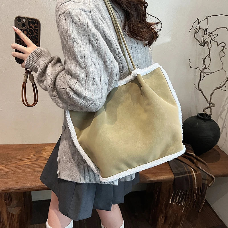 Autumn and Winter New Faux Suede Tote Bag Hand Bill Of Lading Shoulder Women's Bag Retro Simple Large Bag Tote bag Plush Edge