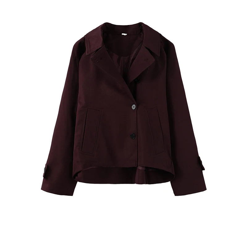 Women's Casual Hooded Short Trench Coat Lapel Single-Breasted Full Sleeve Loose Jacket Autumn 2025 Street All-match Outerwear