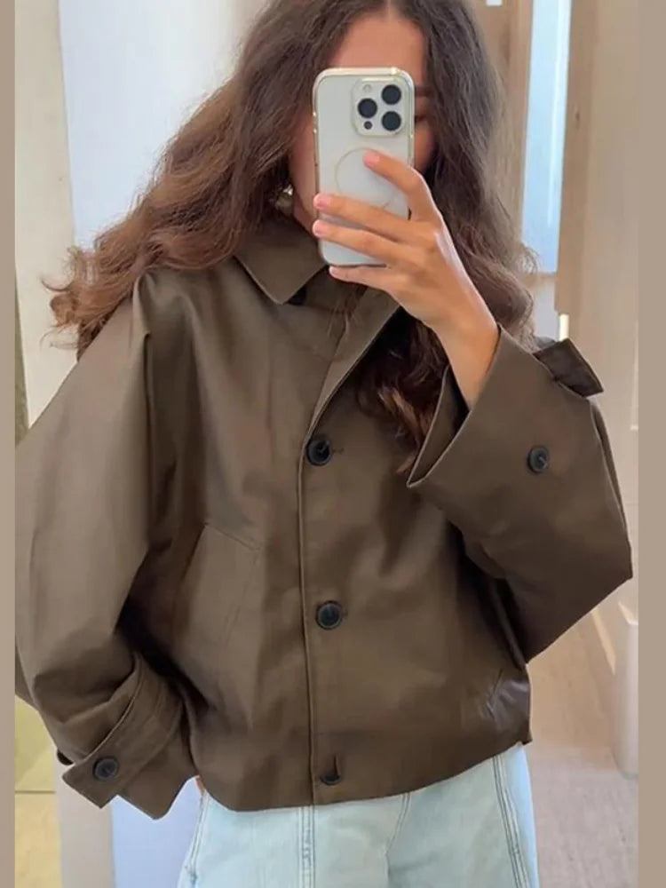Women's Casual Hooded Short Trench Coat Lapel Single-Breasted Full Sleeve Loose Jacket Autumn 2025 Street All-match Outerwear