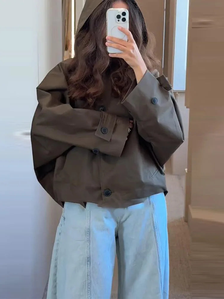 Women's Casual Hooded Short Trench Coat Lapel Single-Breasted Full Sleeve Loose Jacket Autumn 2025 Street All-match Outerwear