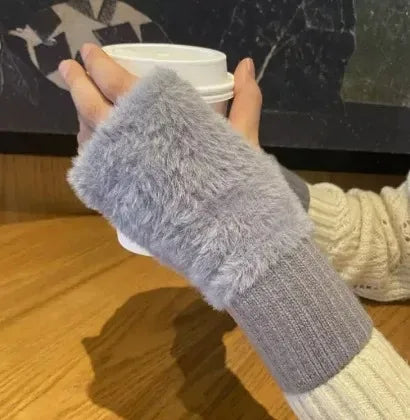 New Women's Half-Finger Gloves - Soft & Warm for Winter, Luxury Solid-Color Plush Knitted Fingerless Gloves