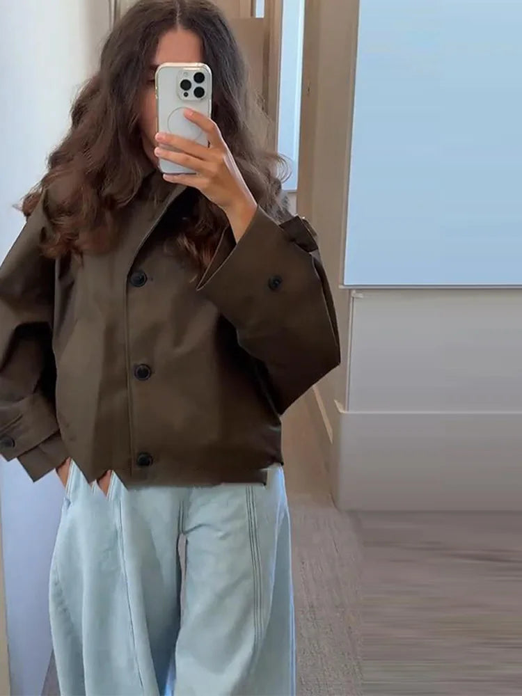 Women's Casual Hooded Short Trench Coat Lapel Single-Breasted Full Sleeve Loose Jacket Autumn 2025 Street All-match Outerwear