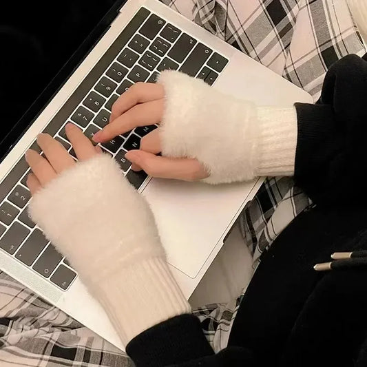 New Women's Half-Finger Gloves - Soft & Warm for Winter, Luxury Solid-Color Plush Knitted Fingerless Gloves