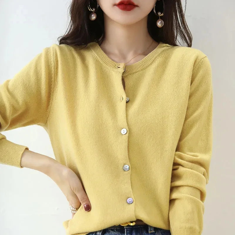 Sweater Knitted Cardigan Button Jacket 2024 Autumn Winter O-neck Long Sleeve Casual Short Tops for Women Sweater Grey White