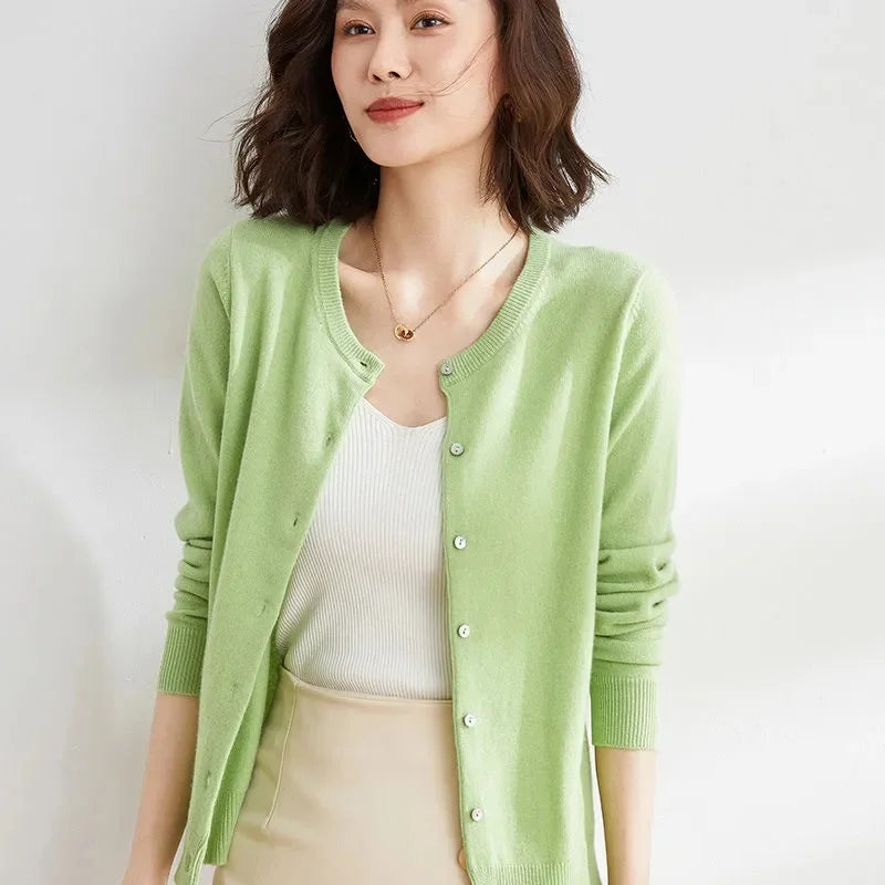 Sweater Knitted Cardigan Button Jacket 2024 Autumn Winter O-neck Long Sleeve Casual Short Tops for Women Sweater Grey White