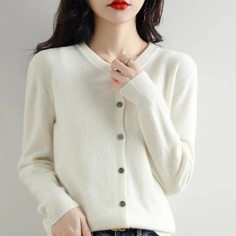 Sweater Knitted Cardigan Button Jacket 2024 Autumn Winter O-neck Long Sleeve Casual Short Tops for Women Sweater Grey White