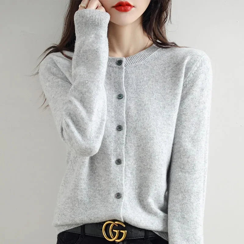 Sweater Knitted Cardigan Button Jacket 2024 Autumn Winter O-neck Long Sleeve Casual Short Tops for Women Sweater Grey White