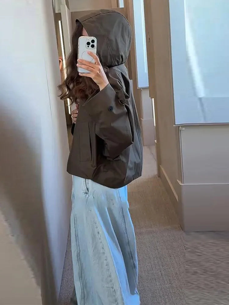 Women's Casual Hooded Short Trench Coat Lapel Single-Breasted Full Sleeve Loose Jacket Autumn 2025 Street All-match Outerwear