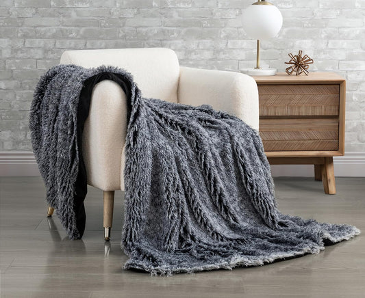 NNEDSZ Double Sided Faux Fur Shaggy Throw Blanket - Charcoal-0