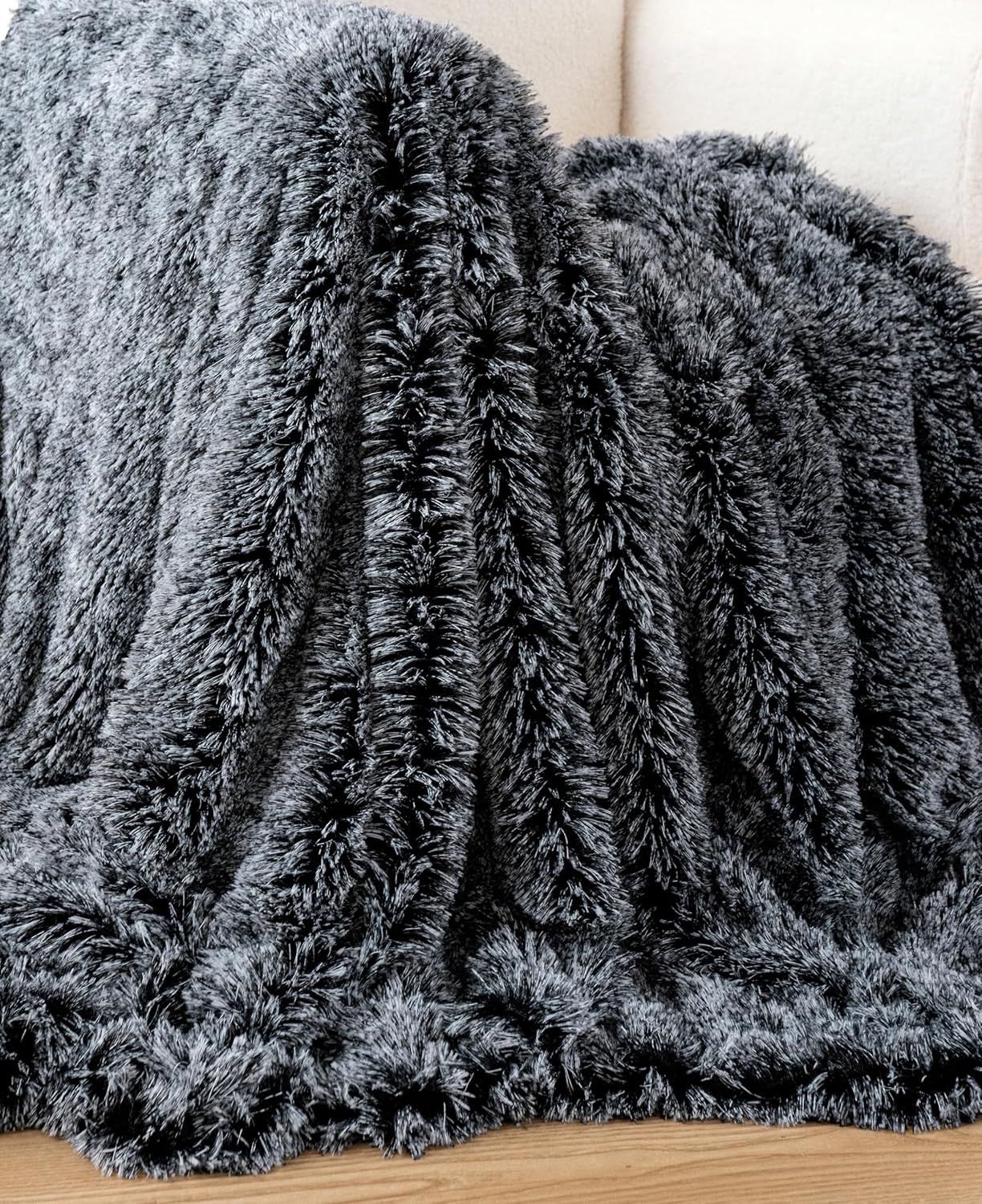 NNEDSZ Double Sided Faux Fur Shaggy Throw Blanket - Charcoal-3